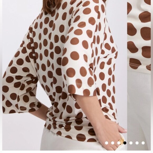 Laura Boat Neck Polka Dot Top Dolman Sleeve Ruched Sides Brown Cream - Picture 3 of 9